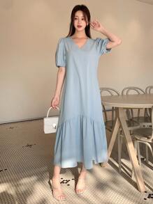 DAZY 泡泡袖荷叶边下摆罩衫连衣裙太阳裙 - 藍色 - 查看 3