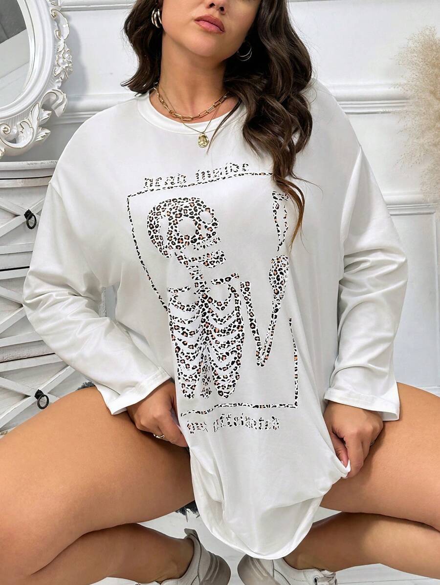 SHEIN EZwear Hơn Bộ xương Và In hoa Báo Áo thun Thả vai - trắng - Xem 1