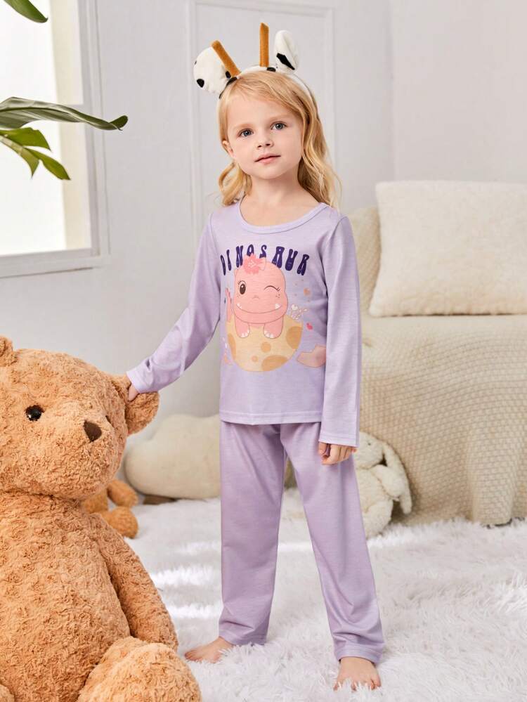 2pcs Toddler Girls' Cute Dinosaur Pattern Long Sleeve T-shirt And Pants Homewear Set For Autumn & Winter