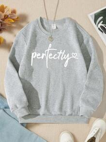 SHEIN Tween Girl 1pc Letter Graphic Thermal Lined Pullover - Light Grey - View 1