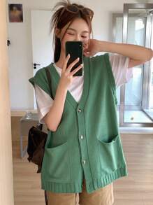 Dazy Star Của phụ nữ Áo len vest Với Họa tiết Hình học Trở lại Thiết kế - màu xanh lá - Xem 6