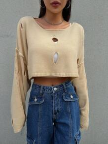 Dazy Star 女士中空下垂肩毛衣 - 黃色 - 查看 5