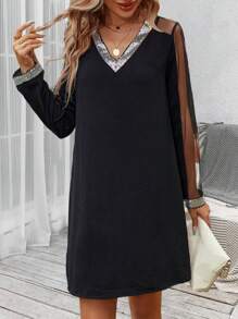 SHEIN Clasi Contrast Mesh Sleeve Contrast Sequin Tunic Dress - Black - View 2