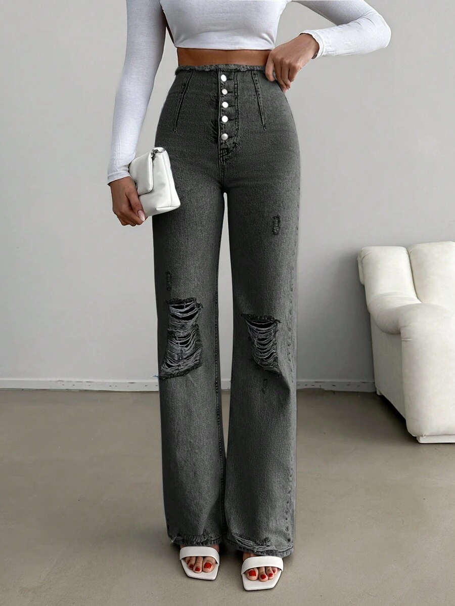 SHEIN Cottnline جينز بأزرار ممزقة - رمادي غامق - مشاهدة 1