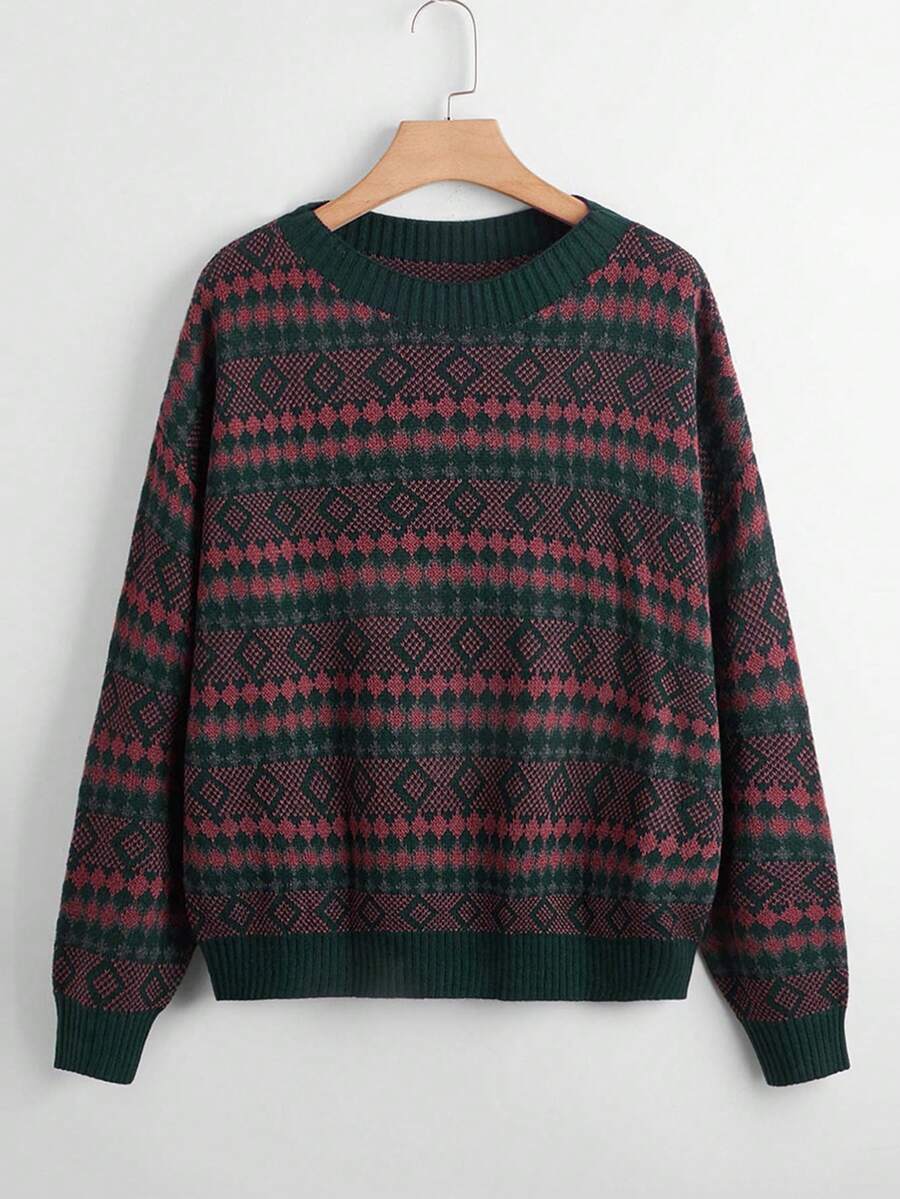 SHEIN LUNE 大尺碼幾何圖案套頭毛衣 - 彩色 - 查看 1