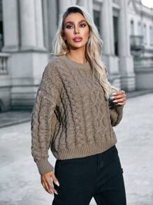 SHEIN LUNE Xoắn Mẫu dệt kim Tay áo dài Áo len - Màu Khaki - Xem 6