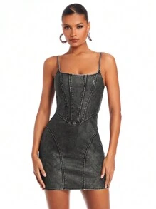 SHEIN BAE 女性性感黑色細肩帶牛仔裙 - 黑色 - 查看 5