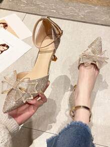 Zapatos de tacón alto elegantes dorados con moño para mujer, elegantes, para fiestas, bodas y atuendos - Dorado - Ver 4