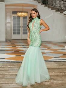 Missord Glitter & Mesh Mermaid Hem Evening Party Formal Dress