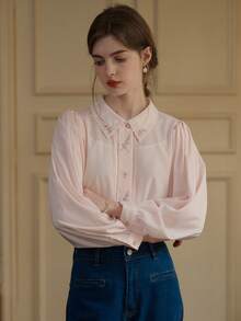 Simple Retro 心形刺繡領長袖襯衫粉色上衣