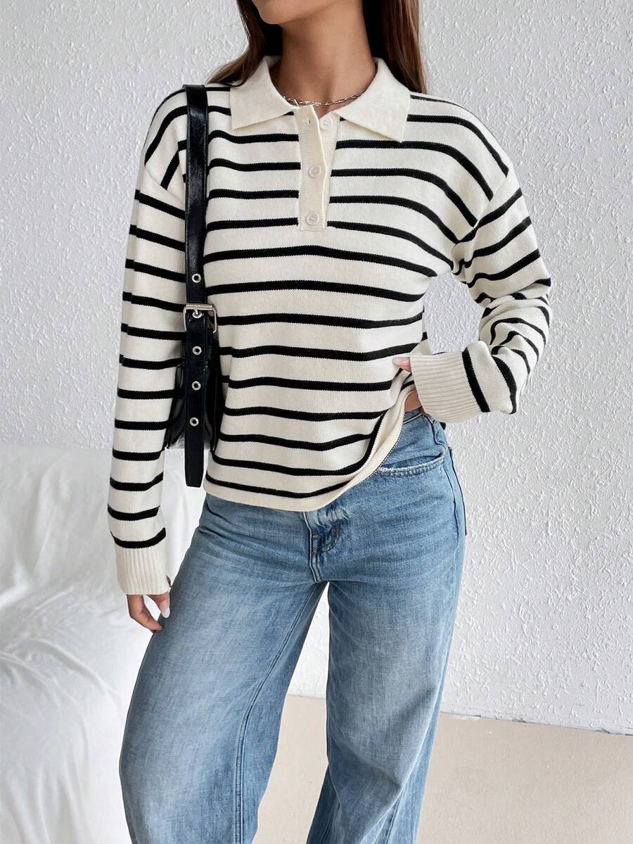 SHEIN Unity Jersey informal con cierre de media cremallera y contraste de colores a rayas - Blanco y Negro - Ver 1