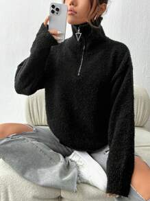 Flirla Half Zip Drop Shoulder Knit Pullover Fall Winter Sweater - Black - View 6