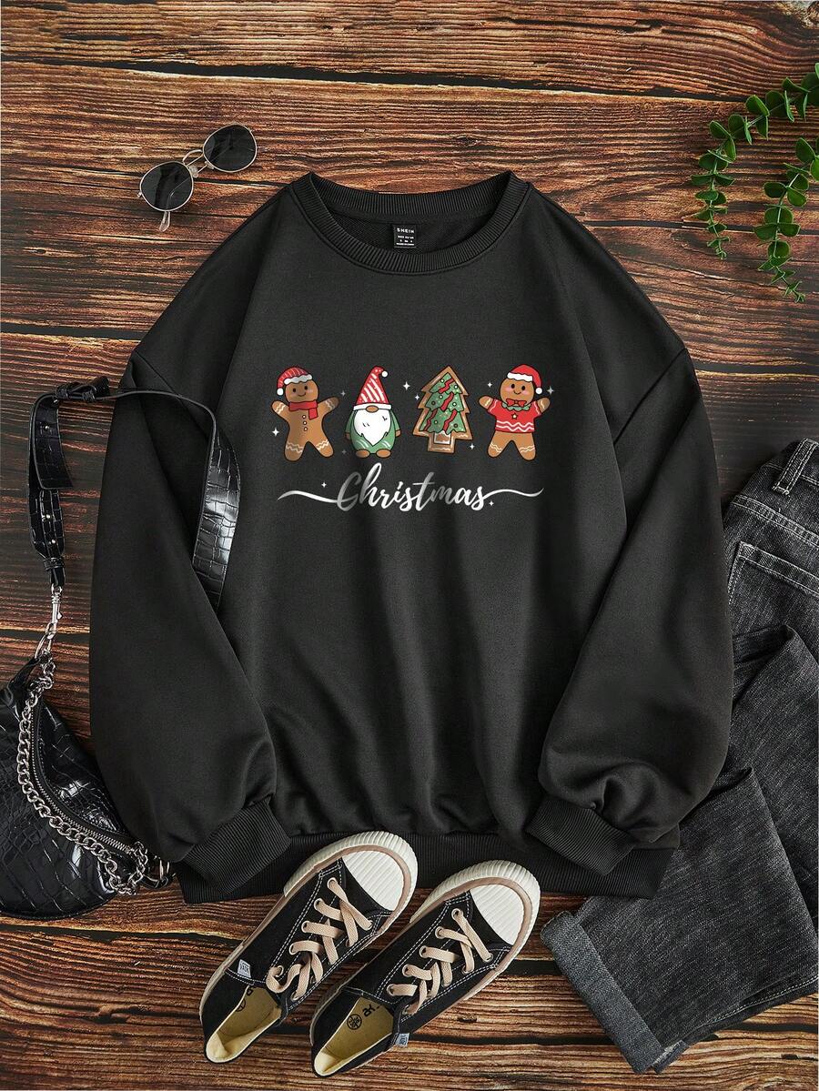 SHEIN LUNE In Giáng sinh Thả vai Áo nỉ - màu đen - Xem 1