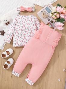 嬰兒女童連身衣及帽子套裝，可愛花朵圖案長袖上衣+可愛連身衣+頭帶外出套裝，共3件 - 粉色 - 查看 8