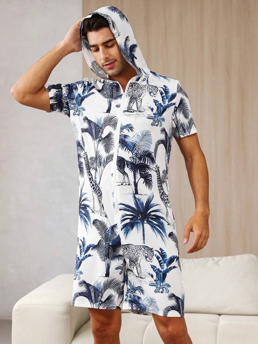 男士長頸鹿印花連帽連體衣家居服 - 寶藍色 - 查看 1