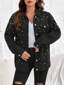 SHEIN LUNE Women's Denim Jacket With Pearl Decoration - Black - View 1