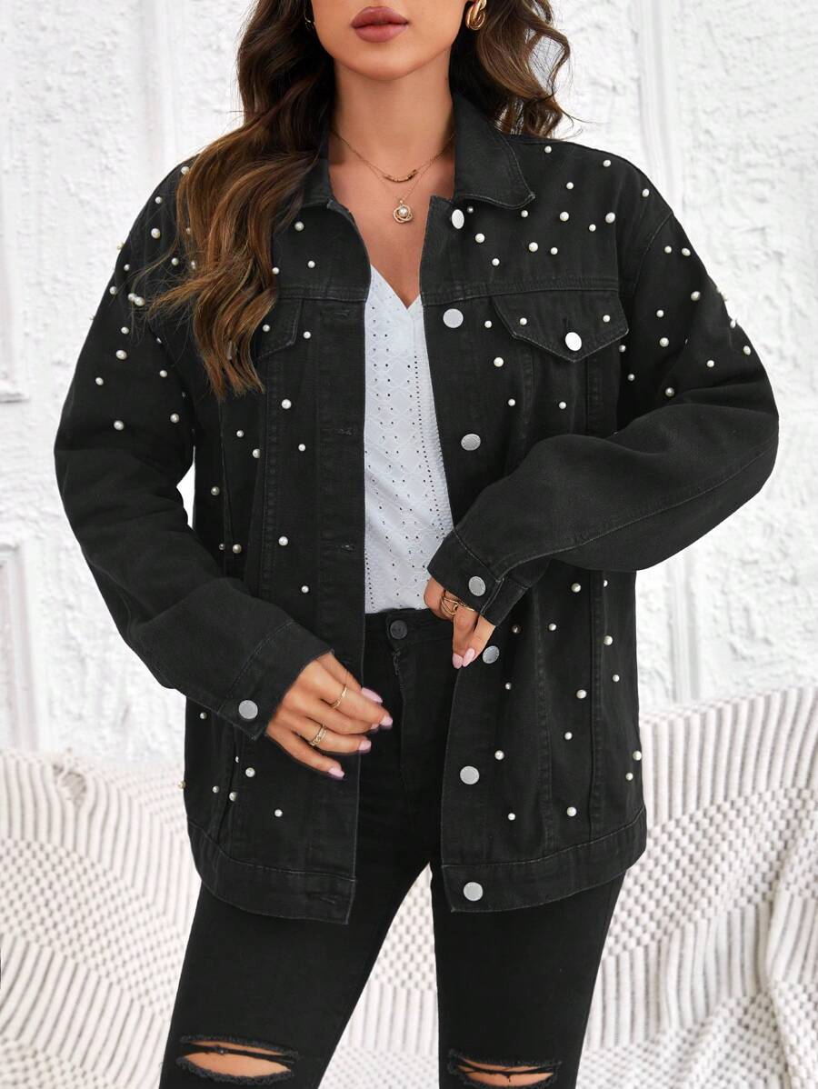 SHEIN LUNE Women's Denim Jacket With Pearl Decoration - Black - View 1