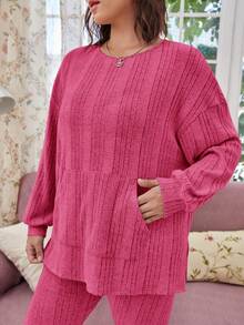 SHEIN LUNE Hơn Túi kangaroo Áo thun Thả vai & Xà cạp - Màu Hồng Tươi - Xem 3