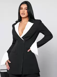 SHEIN SXY 女性拼接領雙排扣西裝外套 - 黑色 - 查看 1