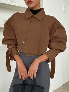 DAZY Khóa Tay áo Tay Raglan Áo khoác Trench - màu nâu - Xem 5