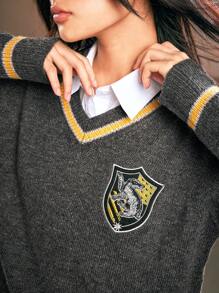 Harry Potter | ROMWE Sọc Cổ chữ V Áo chui đầu Áo len - Xám - Xem 6