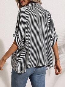 SHEIN LUNE Striped Print Batwing Sleeve Shirt - Black and White - View 2