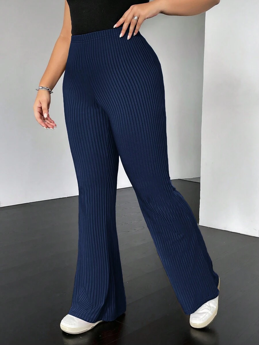 SHEIN EZwear 女性大碼純色喇叭褲,帶有肋紋細節 - 藍色 - 查看 1