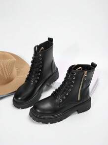 女款厚底軍靴,純色圓頭,蕾絲邊,拉鍊踝靴,時尚戶外鞋 - 黑色 - 查看 6