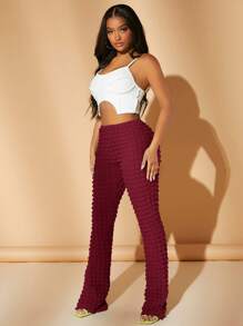 SHEIN SXY Women's Textured Bell-bottoms - Burgundy - View 3