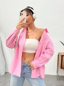 SHEIN EZwear Của phụ nữ Màu thuần Nút xuống Thả vai Áo sơ mi - Hồng - Xem 5