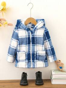 1入組嬰兒男孩休閒連帽夾克,秋天&冬天,格紋&長毛絨,百搭風格 - 藍色 - 查看 1