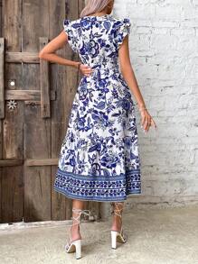 Breezaya Vestido largo con estampado floral, mangas tipo mariposa, dobladillo con volantes y cinturón para vacaciones y playa para mujeres - Azul y blanco - Ver 2