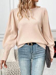 Chiquease Solid Button Detail Bishop Sleeve Knit Pullover Fall Winter Sweater - Apricot - View 4