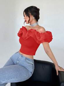 Aloruh Off Shoulder Red Casual Women's Shirt - Red - View 5