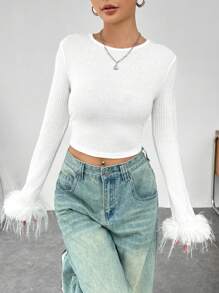 SHEIN EZwear Women's Feather Cuff Crop Top - White - View 3