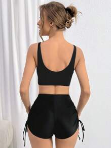 Swim DD+ Của phụ nữ Màu thuần Áo vest Phong cách Bikini Với dây rút - màu đen - Xem 2