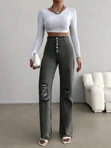 SHEIN Cottnline جينز بأزرار ممزقة - رمادي غامق - مشاهدة 3