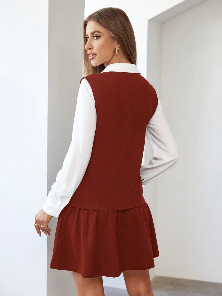 Solid Blouse & Ruffle Hem Dress