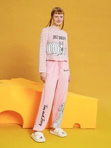 TOM & JERRY X SHEIN Women's Striped T-shirt And Drawstring Cartoon Printed Long Pants Pajama Set - Multicolor - View 3
