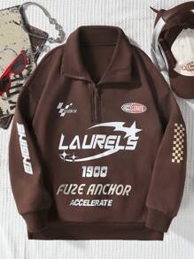 Teen Girl Stand Collar Zip Up Racing Style Sweatshirt - Brown - View 1