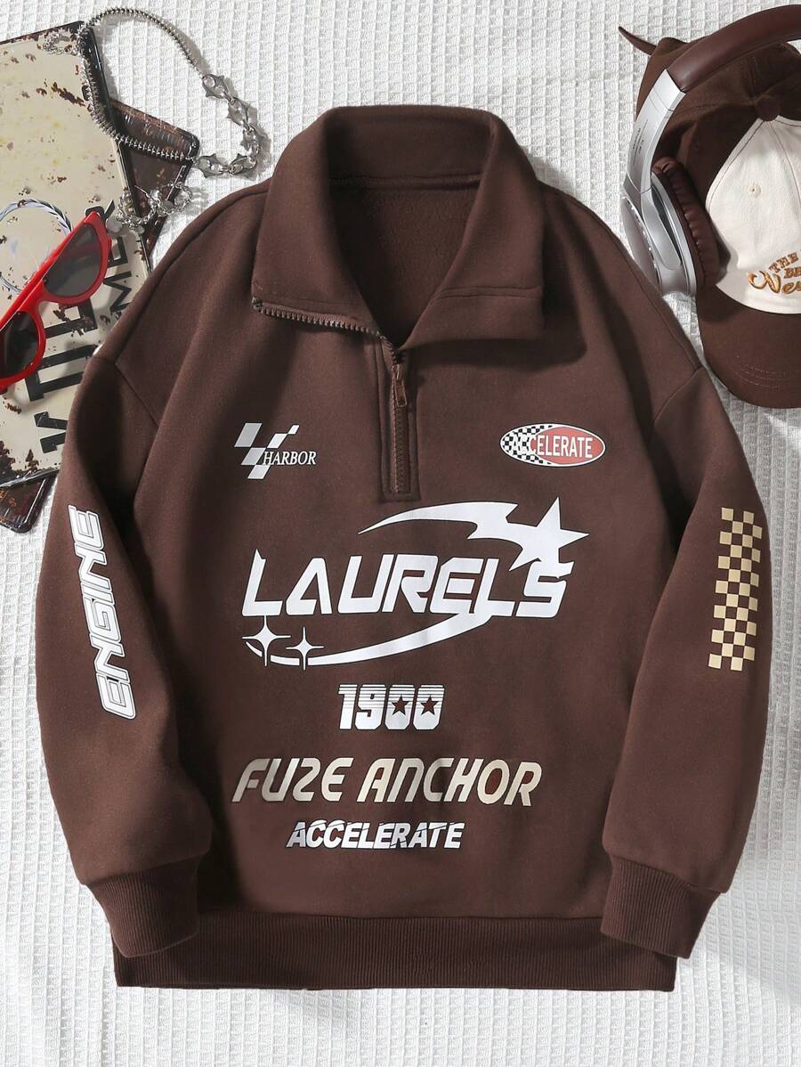 Teen Girl Stand Collar Zip Up Racing Style Sweatshirt - Brown - View 1