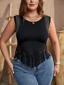 SHEIN VCAY 加肥加大碼流蘇邊坦克頂 - 黑色 - 查看 3
