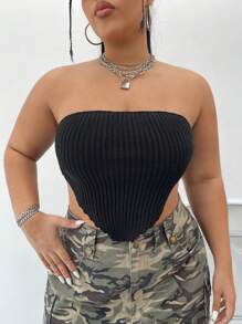 SHEIN EZwear 大码女式不对称下摆针织抹胸 - 黑色 - 查看 6