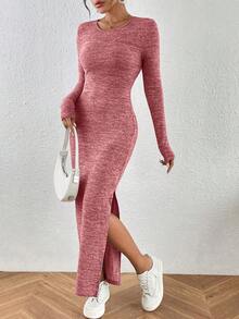 SHEIN Privé Ladies High Side Slit Dress - Red - View 7