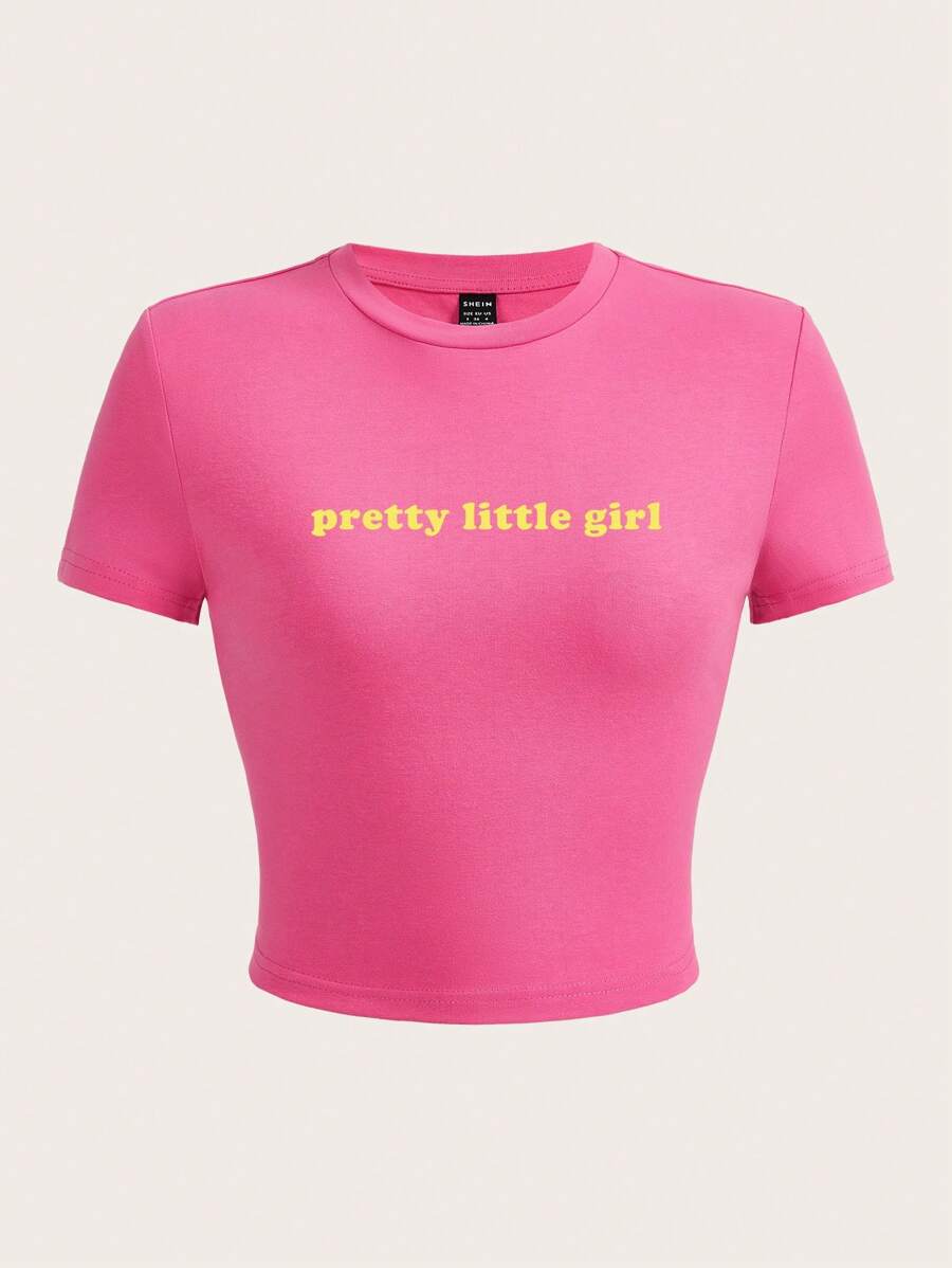 SHEIN EZwear Áo thun nữ cổ tròn tay ngắn in chữ, phù hợp cho mùa hè - Hồng - Xem 1