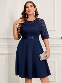 MIUSOL Plus Contrast Floral Lace Half Sleeve Prom Party Swing A-Line Dress, For Wedding Guest, Graduation, Dinner - Navy Blue - View 3