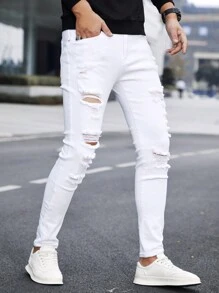 Manfinity Homme Men Cotton Ripped Frayed Skinny Jeans Slim Fit Long Jean Cargo Plain All White Office Casual Husband Urban Going Out Party Vacation