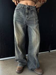 Dazy Star 寬腳牛仔褲,有寬大的斜口袋 - 中等水洗藍 - 查看 2