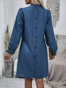 SHEIN LUNE Button Back Puff Sleeve Notch Neck Dress - Dark Wash - View 1