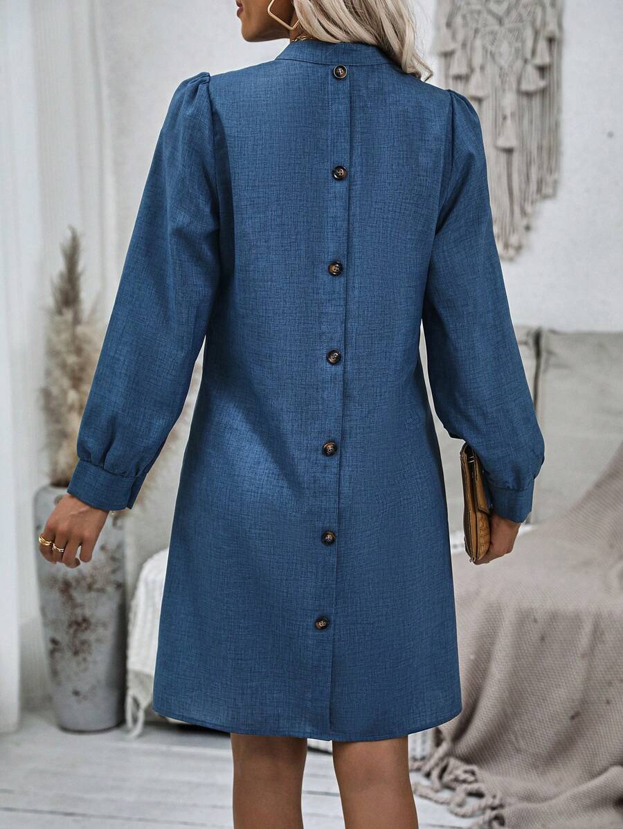 SHEIN LUNE Button Back Puff Sleeve Notch Neck Dress - Dark Wash - View 1
